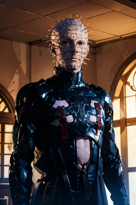 p1nhead, bald, black eyes, pale skin, latex coat, looking at viewer, serious, upper body shot, standing, inside living room, dark, night time, high quality, masterpiece, <lora:p1nhead:.8>