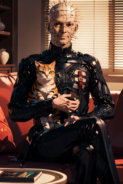 p1nhead, bald, black eyes, pale skin, latex coat, looking at viewer, serious, smirk, sitting, on sofa, legs crossed, holding cat, inside cozy living room, dark, night time, high quality, masterpiece, <lora:p1nhead:.8>