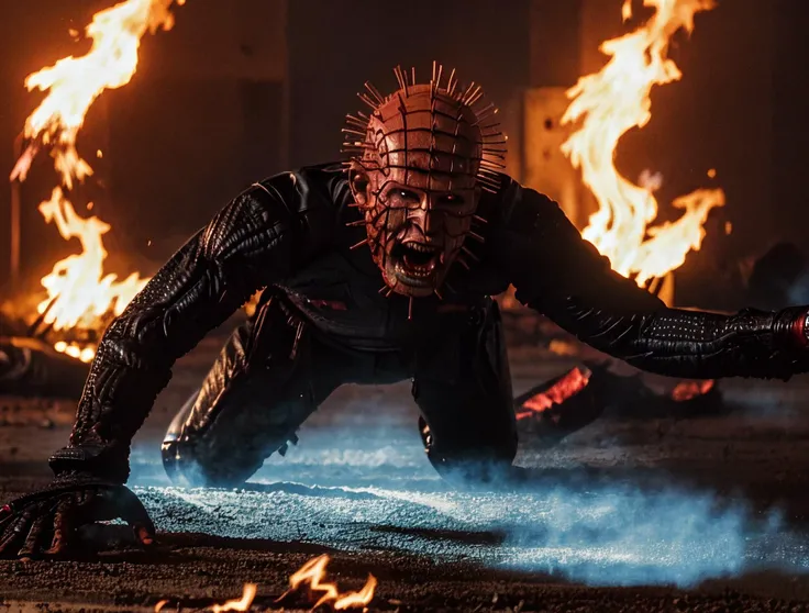 a manic <lora:Pinhead_Hellraiser:0.8> hyper realistic demonic p1nhead crawling out of a fiery pit of flames on the floor, bloody cuts on face, wearing black torn black leather bodysuit, screaming in pain with a hateful expression on his face, reach his bloody arm towards viewer. (intricate details:1.2), realistic high resolution RAW photographic image, high quality, intricate detail, DSLR, bokeh