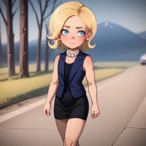 score_8_up, BREAK, Hil**** Clinton , 1girl, solo, blonde hair, short hair, pearl necklace, blue vest, black dress, short dress,  sleeveless, <lora:Hil****_Clinton_PXL_Leaf2:1>,   walking, outdoors, depth of field, blurry background,