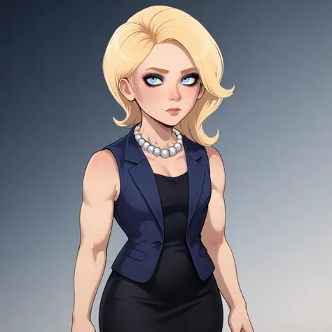 score_7_up, BREAK,  1girl, solo, blonde hair, makeup, eyeliner, pearl necklace, blue vest, black dress,  sleeveless, <lora:Hil****_Clinton_PXL_Leaf2:1>, cowboy shot,