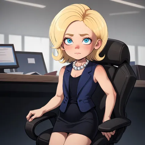 score_8_up, BREAK, Hil**** Clinton , 1girl, solo, blonde hair, short hair, pearl necklace, blue vest, black dress, short dress,  sleeveless, <lora:Hil****_Clinton_PXL_Leaf2:1>,    office chair,