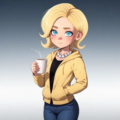 score_8_up, BREAK, Hil**** Clinton , 1girl, solo, blonde hair, short hair, pearl necklace,  <lora:Hil****_Clinton_PXL_Leaf2:1>,  black shirt, yellow hoodie, jeans, holding cup, gradient background, depth of field,