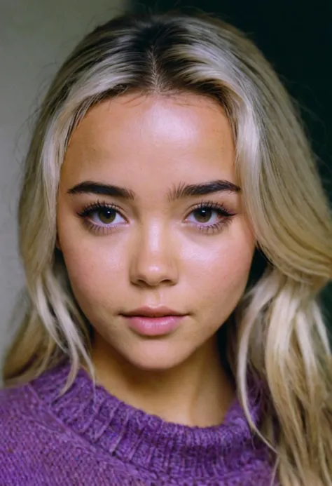 studio photography, high resolution, raw analog photo, headshot photo of a young woman, l1vvydunne with detailed eyes and (freckles:0.4), wearing a purple sweater, indoor setting, natural lighting, film grain, Nikon Z9
