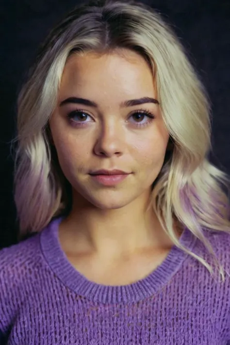raw analog studio headshot photo of l1vvydunne with detailed eyes and (freckles:0.4), wearing a purple sweater, soft light, film grain, Nikon Z9