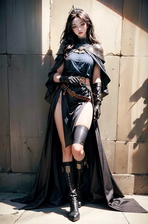 (best quality, masterpiece:1.2), (realistic, photo-realistic:1.37), ultra-detailed, realistic texture, realistic materials, realistic light source, realistic shadows, <lora:add_detail:1>, realistic skin texture, realistic contrast, out focusing, (full body:1.3)
Scene description: Wearing medieval thieves armor, leather armor, metal decoration, feather decoration, tiara, Pauldrons, Gloves, Belt, Gaiters, Boots, Cloak, 