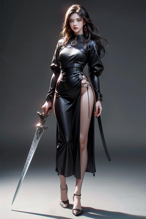 A woman in a black leather outfit holding a sword - SeaArt AI