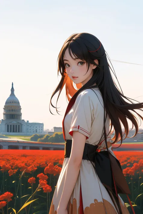 1girl, [ (designed by Hisui Sugiura:1.3) and (Jason Limon:1.0) and (John Howe:0.8) :10], fantasy On pale dark pastel paper, insane details, Landscape of a Characteristic Irresistible Ruby Red, Beige and Olive ("The Capitol Hill Insurrection":1.3) , Terrestrial planet background, dense flower field with Bamboo shoot, at Twilight, soft focus, Simple illustration, Grim, Golden ratio, Britpop, flat lighting, F/8, Kinemacolor, Light streaks, behance, professional, highly detailed