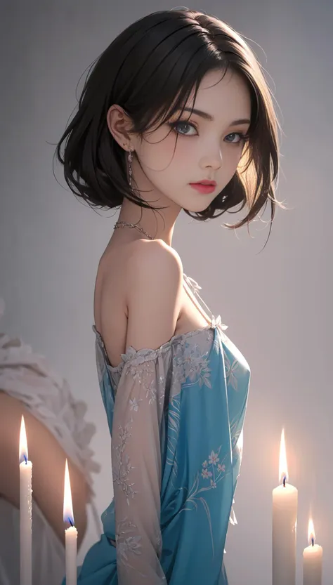 (best quality, masterpiece, perfect face, beautiful ,aesthetic:1.2, colorful, pastel colors, dynamic angle, highest detailed face ),mature female,black hair,skinny,slim,(small breasts:1.2),looking at viewer,dark background,candle