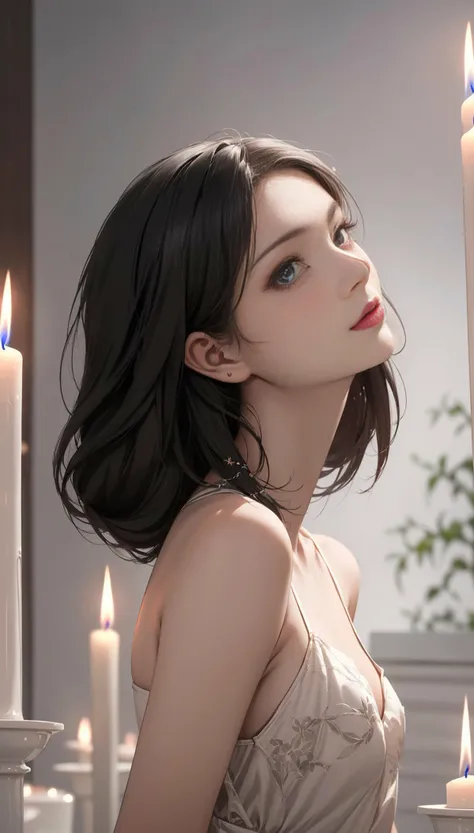 (best quality, masterpiece, perfect face, beautiful ,aesthetic:1.2, colorful, pastel colors, dynamic angle, highest detailed face ),mature female,black hair,skinny,slim,(small breasts:1.2),looking at viewer,dark background,candle