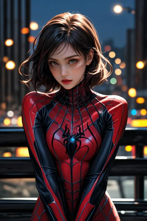 spider woman, red head, freckles, wearing spidy costume, cityscape, night, bokeh, hyper realistic, cinematic, vivid lighting, <lora:pytorch_lora_weights:0.25>, <lora:epi_noiseoffset2:0.6>, <lora:more_details:0.4>, (highres, highly detailed:1.1), aesthetic