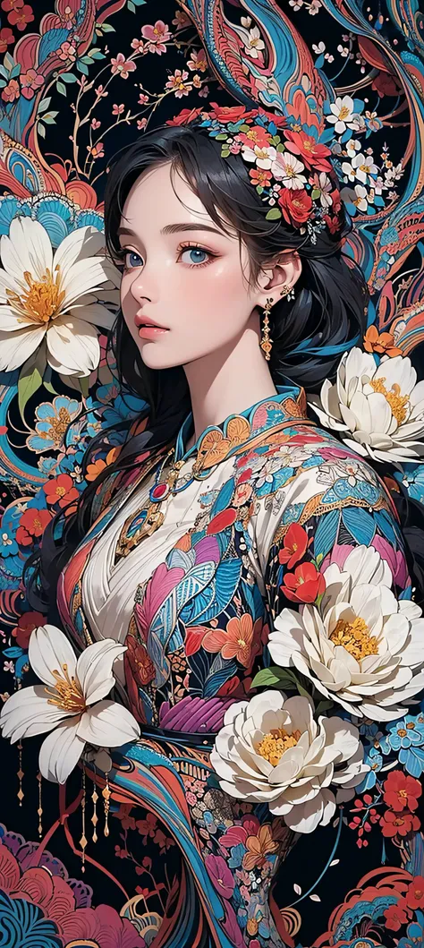 (masterpiece, top quality, best quality, official art, beautiful and aesthetic:1.2), (1girl:1.3), extremely detailed, (fractal art:1.1), (colorful:1.1), (flowers:1.3), highest detailed,(zentangle:1.2), (dynamic pose), (abstract background:1.3), (many colors:1.4), ,(earrings)