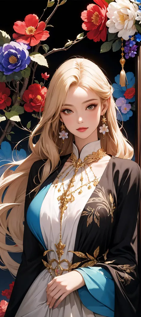 (masterpiece, extremely detailed, highest detailed), 1girl, solo, mature woman, huge breast, fantasy setting, official art, dress pattern, (blond straight hair), (earrings), (many colors:1.4), (colorful:1.1), (abstract background:1.3), flower, leaf, ornament, clover, magic, aura