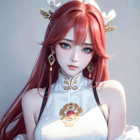 (masterpiece, best quality, 1girl, solo, intricate details, chromatic aberration), (Portraits:1.4),(realistic), (pureerosface_v1:0.3),((medium breath)),pink long hair,red head ornament, red highlights,green eyes, earrings,sharp eyes, extremely detailed eyes,(perfect symmetrical body), (pureerosface_v1:0.3),choker, opened jacket,(((white Chinese Sleeveless Cheongsam qipao))),against wall,, dim lighting ,look at viewer,((centered shot, from front,(face and waist))), <lora:koreanDollLikeness_v15:0.2> , <lora:yaeMikoRealistic_yaemikoMixed:0.5>