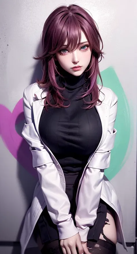 (masterpiece, best quality, 1girl, solo, intricate details, chromatic aberration), realistic, long hair, (pink:purple hair:0.2), purple head ornament, purple highlights, hair over one eye, green eyes, sharp eyes, against wall, brick wall, graffiti, ((trrash, dark, dim lighting, grim)), alley ,look at viewer, <lora:raidenShogunRealistic_raidenshogunHandsfix:0.2>, <lora:koreanDollLikeness_v15:0.2>, small head, huge breast, from above, very high angle,
<lora:yaeMikoRealistic_yaemikoMixed:0.55>, choker, neon shirt, torn legwear, open jacket, (((turtleneck sweater))),