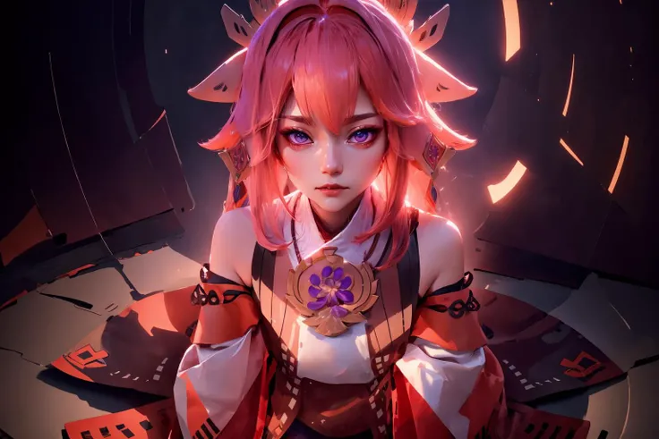 solo,absurdres , (intricate details), (colorful),finely detailed beautiful eyes,cinematic lighting,bust shot,extremely detailed CG unity 8k wallpaper,masterpiece, sitting,1girl,yae miko outfit on japanese,looking at viewer,(intricate details), best quality, v1101, <lora:11523:1>,backlight, intense gaze, cinematic lighting, art by Grzegorz Rutkowski,