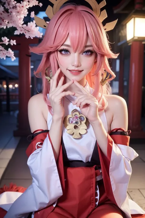 1girl, jpop idol, yae miko, detached sleeves, bare shoulders, pink hair, long hair, japanese clothes, best quality, (painting:1.5), (hair ornament:1.35), jewelry, purple eyes, earrings, breasts, torii, cherry blossoms, lantern light, depth of field, detailed face, face focus, ribbon_trim, (looking at viewer:1.25), nontraditional miko, shiny skin, long sleeves, smile, thick lips, game cg, hands on lips, east asian architecture, (blurry background:1.2), sitting, upper body, <lora:YaeMiko_Test:0.75>, <lyco:SwampEscapeAA:0.4>
