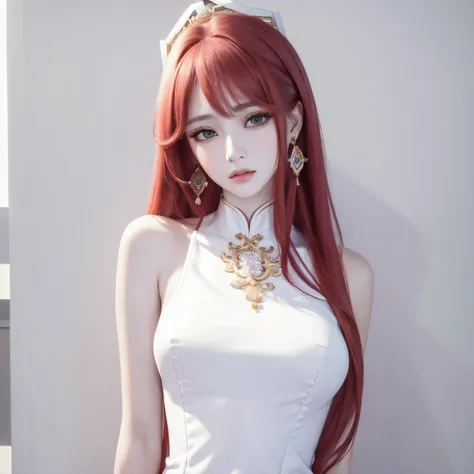 (masterpiece, best quality, 1girl, solo, intricate details, chromatic aberration), (Portraits:1.4),(realistic), (pureerosface_v1:0.3),((medium breath)),pink long hair,red head ornament, red highlights,green eyes, earrings,sharp eyes, extremely detailed eyes,(perfect symmetrical body), (pureerosface_v1:0.3),choker, opened jacket,(((white Chinese Sleeveless Cheongsam))),against wall,, dim lighting ,look at viewer,((centered shot, from front,(face and waist))), <lora:koreanDollLikeness_v15:0.2> , <lora:yaeMikoRealistic_yaemikoMixed:0.5>