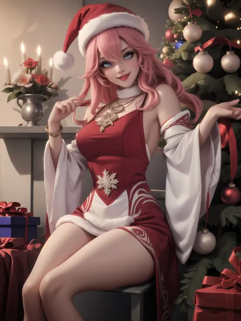 (masterpiece, best quality:1.2), 1girl, large breasts, (femdom, female domination), (smug), (lip gloss:1.05), focal point, blurred background, (beautiful eyes, glowing eyes, perfect face, perfect eyes:1.16), tease, petite, necklace, (looking at viewer:1.05), (eyeshadow, eyeliner:1.11), face focal point, (eyelashes), shiny skin, reflective skin, blush, blushing, thigh highs, (moles, imperfections), (breasts moles:1.07), model, bracelet, thigh band, hair ornament, actress, (high saturation), thigh strap, (sfw, modest, christmas dress, christmas outfit, christmas hat, fur trim:1.25), cute, interesting background, (<3), (expression, :D, smiling, cutesy pose, heart-shape:1.1), hair extensions, side burns, (seductive eyes, squinting eyes, sharp eyes, seductive expression:1.08), (laces, laced, extra straps, straps:1.2), elegant, sophisticated, (highly detailed, intricate details, intricate patterns:1.15), cotton, soft material, delicate, silk, soft fabric, fur, detached sleeves, tongue, (done hair, hair done, hair style, stylish, wavy hair), <lora:YaeMiko_Test:.7>, snow white skin, pink hair, indoors, christmas tree, christmas decorations, presents