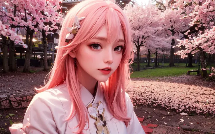 one girls, RaidenShogun, detailed clothes, white clothes, blunt bangs, braid, (medium breasts:1.4), cleavage, wide-sleeved kimono, hair ornament, white japanese clothes, (red obi:1.4), (light pink hair:1.4), very long hair, straight hair, detailed face, cool face, (smooth chin:0.85), closed mouth, looking at viewer, beautiful eyes, detailed eyes, skirt,pose, (Cherry tree:1.5),photon mapping, physically-based rendering, RAW photo, (forest:1.5), (photo realistic:1.35), high res, perspective, facing front,<lora:raidenShogunRealistic_raidenshogun:0.6>, <lora:koreanDollLikeness_v10:0.3>, half body, hands behind, <lora:yaeMikoRealistic_yaemikoMixed:0.5>, (ulzzang-6500:0.725)