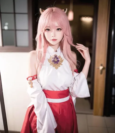 yae miko, yae_sakura(genshin impact), fox-ear-hair, haieshort-red-miko-dress, (slightly-smile), masterpiece, best quality, detailed, masterpiece, best quality, long hair, white veil, (pink hair), {purple eyes}, (eurasian:0.4), covered-navel, covered-nipples, blunt bangs, blunt bangs,japanese style dress, miko dress, 1 <lora:yaeMikoRealistic_yaemikoFull:1> ulzzang-6500, PureErosFace_V1