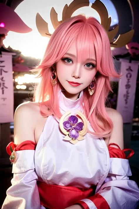 masterpiece, best quality,(Kpop idol), masterpiece, best quality,official art,(8k, best quality, masterpiece:1.2), (realistic, photo-realistic:1.37), ultra-detailed,(realistic humid skin:1.3),(detailed face), detailed eyes,(aegyo sal:1),physically-based rendering,RAW photo,photon mapping, radiosity,detached sleeves,japanese clothes,gradient hair ,bare shoulders,detached sleeves,hair ornament,depth of field,jewelry, purple eyes, earrings, large breasts, torii,full body,sunlight,evil smile, miko,{cherry blossoms}, warm light