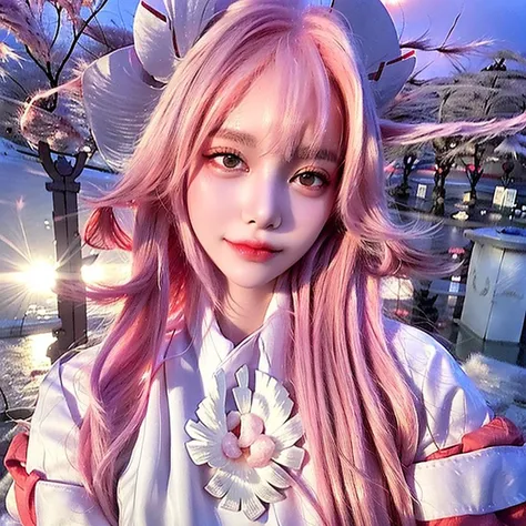 RaidenShogun, detailed clothes, white clothes, blunt bangs, braid, (medium breasts:1.4), cleavage, wide-sleeved kimono, hair ornament, white japanese clothes, (red obi:1.4), (light purple hair:1.4), very long hair, straight hair, detailed face, cool face, (smooth chin:0.85), closed mouth, long eyelashes, sharp eyes, looking at viewer, beautiful eyes, detailed eyes, thick eyebrows, red eyeshadow, symmetry eyes, skirt, (sunset:1.4), from side, (Cherry tree:1.5),photon mapping, physically-based rendering, RAW photo, highly detailed background, (photo realistic:1.35), high res, perspective, facing front, detailed lightning, detailed shadow, detailed face, sakura flower, <lora:yaeMikoRealistic_yaemikoMixed:1>, <lora:lora-hanfugirl-v1-5:0.3>, <lora:koreanDollLikeness_v15:1>