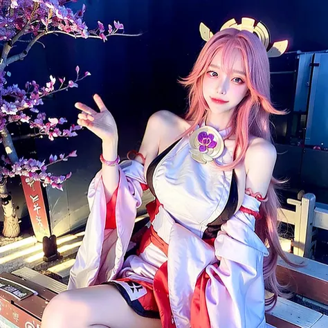 1girl, (ulzzang-6500:0.725), kpop idol, yae miko, detached sleeves, bare shoulders, (sideboob:1.45), pink hair, long hair, japanese clothes, best quality, (photorealistic:1.2), (hair ornament:1.35), jewelry, purple eyes, earrings,, large breasts, torii, cherry blossoms, lantern light, depth of field, detailed face, face focus, bodystocking, ribbon_trim, white skirt, white dress, (looking at viewer:1.25), nontraditional miko, shiny skin, long sleeves, smile, thick lips, game cg, thighhighs, (bare breasts:1.25), hands on lips, east asian architecture, blurry background, full body, sakura flower, pose, glasses,<lora:yaeMikoRealistic_yaemikoMixed:1>, <lora:koreanDollLikeness_v15:1>