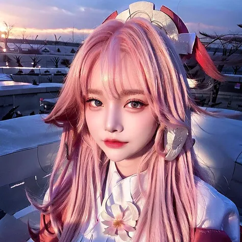 RaidenShogun, detailed clothes, white clothes, blunt bangs, braid, (medium breasts:1.4), cleavage, wide-sleeved kimono, hair ornament, white japanese clothes, (red obi:1.4), (light purple hair:1.4), very long hair, straight hair, detailed face, cool face, (smooth chin:0.85), closed mouth, long eyelashes, sharp eyes, looking at viewer, beautiful eyes, detailed eyes, thick eyebrows, red eyeshadow, symmetry eyes, skirt, (sunset:1.4), from side, (Cherry tree:1.5),photon mapping, physically-based rendering, RAW photo, highly detailed background, (photo realistic:1.35), high res, perspective, facing front, detailed lightning, detailed shadow, detailed face, sakura flower, <lora:yaeMikoRealistic_yaemikoMixed:1>, <lora:lora-hanfugirl-v1-5:0.3>, <lora:koreanDollLikeness_v15:1>