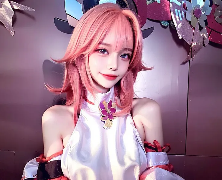 best quality, ultra high res, (photorealistic:1.4), 1girl, nude, small breast,pink nipples, black choker, smile, bare shoulders, solo focus, looking at viewer,fair skin,sunset,cherry tree,photon mapping, physically-based rendering, RAW photo, highly detailed background,kpop idol,depth of field,torii,cherry blossoms,hair ornament,detailed face,shiny skin,game cg,full body,