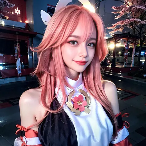 best quality, ultra high res, (photorealistic:1.4), 1girl, nude, small breast,pink nipples, black choker, smile, bare shoulders, solo focus, looking at viewer,fair skin,sunset,cherry tree,photon mapping, physically-based rendering, RAW photo, highly detailed background,kpop idol,depth of field,torii,cherry blossoms,hair ornament,detailed face,shiny skin,game cg,full body, <lora:koreanDollLikeness_v15:1> <lora:yaeMikoRealistic_yaemikoMixed:1>