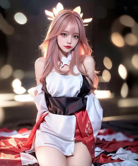 1 girl, ultra high res, (realistic, photo-realistic:1.48),omertosa,1girl,(Kpop idol), (aegyo sal:1),cute, bokeh, night, professional lighting, detailed lighting, photon mapping, radiosity, physically-based rendering,White pantyhosebloom, backlighting, depth of field, hard focus, film grain, one meter shooting distance, professional photoshoot, photographed with a Sony a9 II Mirrorless Camera, detailed eyes,<lora:japaneseDollLikeness_v10:0.4>,<lora:koreanDollLikeness_v15:0.6>,detailed eyes, realistic eyes, detailed shadow, looking at viewer, dog ears, detailed lighting,(detailed hair, realistic hair, realistic lighting, realistic shadow, realistic outfit), realistic skin, (gun on waist:1), realistic reflection of light from above,((arms behind back)),(hands behind),tube top,sexy,night,stockings,,big boobs,big breast,<lora:yaeMikoRealistic_yaemikoMixed:0.9>,cherry blossoms, white skirt, white dress,full body,japanese shrine,pink filter