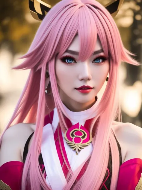(photo:1.1), 8k uhd, HDR, pink eyes, an European woman, <lora:yaeMikoRealistic_yaemikoMixed:0.7>, yae miko, genshin impact, cosplay, pink hair, ear rings, long hair, model appearance