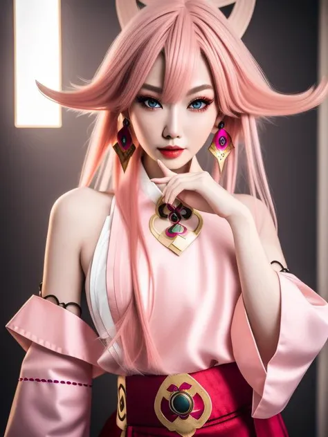 (photo:1.1), 8k uhd, HDR, pink eyes, an European woman, <lora:yaeMikoRealistic_yaemikoMixed:0.7>, yae miko, genshin impact, cosplay, pink hair, ear rings, long hair, model appearance