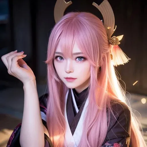 nighttime, midnight, dark, RTX, photorealistic lighting, photo taken in ancient japan, extremely detailed flowing hair, realistic hair, realistic shadows, absurdres,  hyperdetailed, 4k, (green eyes), (beautiful girl: 1.4), (masterpiece),Ultra Detail, (Best Quality), (Ultra High Definition), (Masterpiece), Photorealistic:1.3, smiling, <lora:japaneseDollLikeness_v10:0.1> <lora:koreanDollLikeness_v10:0.1>, balanced pupil, symmetical pupil and iris, <lora:yaeMikoRealistic_yaemikoMixed:0.6>, chromatic_aberration:0.8, dynamic_color_range, lens_distortion:0.7, holding a lantern