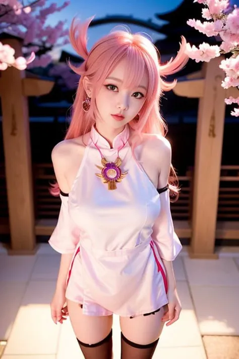 1girl, kpop idol, yae miko, detached sleeves, pink hair, long hair, best quality, (photorealistic:1.2), (hair ornament:1.35), jewelry, purple eyes, earrings, large breasts, torii, cherry blossoms, lantern light, depth of field, detailed face, face focus, (looking at viewer:1.25), shiny skin, long sleeves, smile, thick lips, game cg, thighhighs, hands on lips, east asian architecture, blurry background, full body, arms behind back,<lora:yaeMikoRealistic_yaemikoMixed:0.6> <lora:jisooBlackpink_v1:0.7>