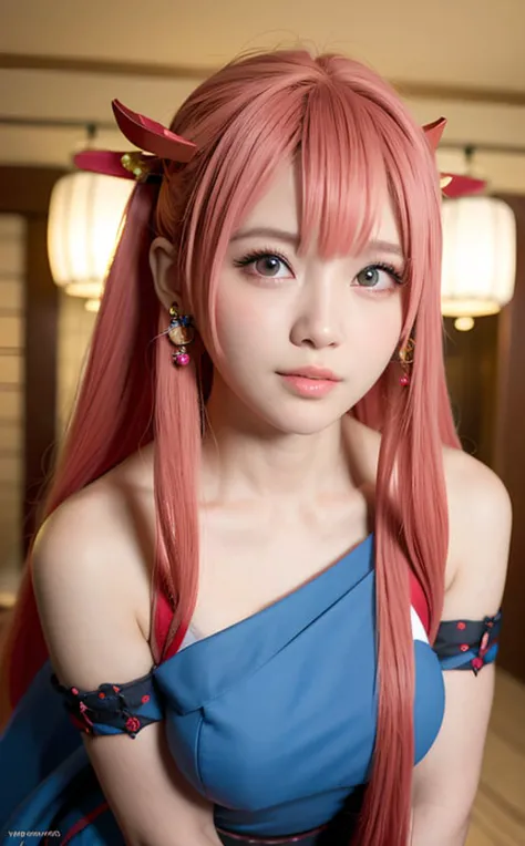 1girl, (ulzzang-6500:0.7), kpop idol, yae miko, aliga, marie rose, Nude, sexy pose,one of hands hold a chinese brush, long hair, (multicolored hair:1.2),red|pink_hair, best quality, (photorealistic:1.2), (hair ornament:1.35), blue eyes, extremely_detailed_eyes_and_face,detailed face,earrings, torii, cherry blossoms, lantern light, depth of field, detailed face, face focus, (looking at viewer:1.25), shiny skin, smile, thick lips, game cg, east asian architecture, blurry background, (medium breasts, puffy nipples),(pussy), nsfw, shaved vagina ,close-up to face,portrait