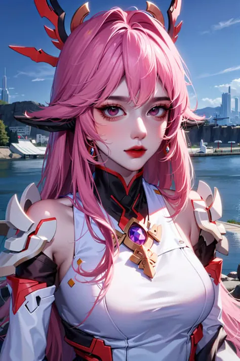 (best quality:1.2, masterpiece:1.2), ultra high res, intricate detail, Exquisite details and textures, (1girl, solo), atmospheric perspective, upper body, detailed face, make up, shiny skin, (lilac hair), very long hair, looking at viewer, red eyes, earrings, small breasts, slim body, (white cyborg:1.4), (((futuristic city:1.6, on riverside, beautiful background))), perfect lighting, (((front lighting)), physically-based rendering, <lora:fashionGirl_v50:0.74>, <lora:yaeMikoRealistic_yaemikoMixed:0.6>