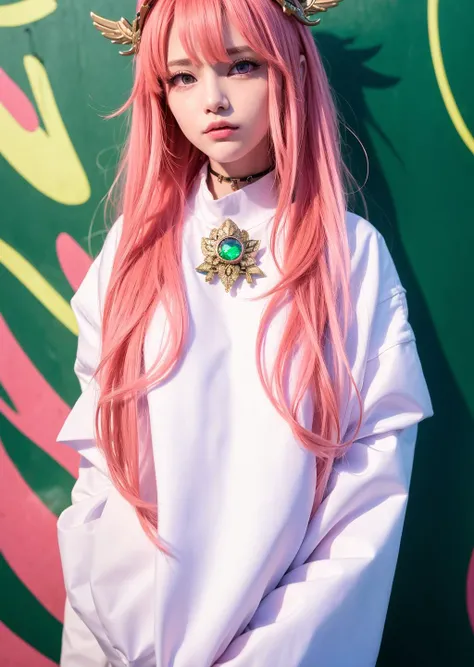 (masterpiece, best quality, 1girl, solo, intricate details, chromatic aberration), realistic, ((medium breath)),long hair, pink hair, (hair ornament:1.35), red head ornament, red highlights, hair over one eye, green eyes, sharp eyes, choker, neon shirt, torn legwear, open jacket, turtleneck sweater, against wall, brick wall, graffiti, dim lighting, alley ,look at viewer, <lora:yaeMikoRealistic_yaemikoMixed:0.5> , <lora:koreanDollLikeness_v15:0.2>