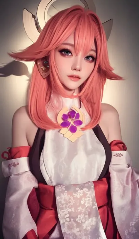 (ulzzang-6500-v1.1:0.4), <lora:yaeMikoRealistic_yaemikoMixed:0.7>, <lora:koreanDollLikeness_v15:0.2> ,1girl, kpop idol, yae miko,detailed face,long legs shot,full body, masterpiece, best quality, (extremely detailed CG unity 8k wallpaper, masterpiece, best quality, ultra-detailed, best shadow), (detailed background), (beautiful detailed face, beautiful detailed eyes), High contrast, (best illumination, an extremely delicate and beautiful), detached sleeves, pink hair, long hair, best quality, (photorealistic:1.2), (hair ornament:1.35), jewelry, purple eyes, earrings, large breasts, torii, cherry blossoms, lantern light, depth of field, detailed face, face focus, (looking at viewer:1.25), shiny skin, long sleeves