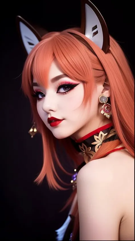 a closeup photo of yae miko, fox ears, (choker:1.3), (nose piersing:1.5),makeup, (gothic:1.2), amazing body, from side, playful pose, flirting with camera, 24mm,(intricate details:1.3), dark background, <lora:yaeMikoRealistic_yaemikoMixed:0.7>