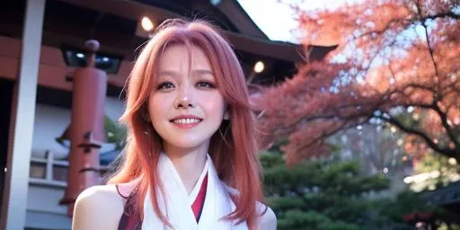 fantasy, nikon RAW photo, Fujifilm XT3, masterpiece, realistic, 35mm film grain, movie still, detailed background, detailed face, Korean girl, solo, yaeMikoRealistic1, standing at ((shrine)) tree, smile,<lora:yaeMikoRealistic:1> <lora:irene_V70:0.6>