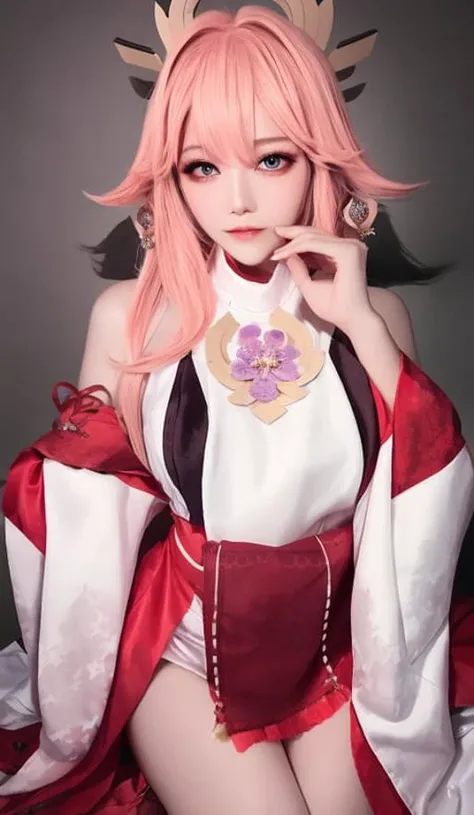 (ulzzang-6500-v1.1:0.4), <lora:yaeMikoRealistic_yaemikoMixed:0.7>, <lora:koreanDollLikeness_v15:0.2> ,1girl, kpop idol, yae miko,detailed face,long legs shot,full body, masterpiece, best quality, (extremely detailed CG unity 8k wallpaper, masterpiece, best quality, ultra-detailed, best shadow), (detailed background), (beautiful detailed face, beautiful detailed eyes), High contrast, (best illumination, an extremely delicate and beautiful), detached sleeves, pink hair, long hair, best quality, (photorealistic:1.2), (hair ornament:1.35), jewelry, purple eyes, earrings, large breasts, torii, cherry blossoms, lantern light, depth of field, detailed face, face focus, (looking at viewer:1.25), shiny skin, long sleeves