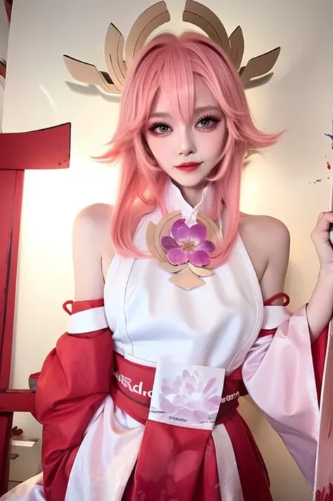 1girl, (ulzzang-6500:0.7), kpop idol, yae miko, detached sleeves, bare shoulders, pink hair, long hair,(naked) , best quality, (painting:1.5), (hair ornament:1.35), skinny, intense sex,thigh gap, heavy breathing, trembling, steaming body, pussy juice, sweat, rib,jewelry, purple eyes, earrings, breasts, torii, cherry blossoms, lantern light, depth of field, detailed face, face focus, ribbon_trim, (looking at viewer:1.25), nontraditional miko, shiny skin, long sleeves, smile, thick lips, game cg, east asian architecture, (blurry background:1.2), upper body,