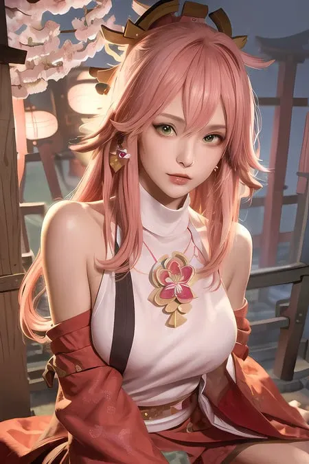 (masterpiece, best quality, 1girl, solo, intricate details, chromatic aberration), realistic, ((medium breath)), bare shoulders,pink long hair,red head ornament, red highlights, hair over one eye,green eyes, earrings,sharp eyes,perfect symmetrical body,choker, neon shirt, opened jacket, turtleneck sweater,against wall, brick wall, graffiti, dim lighting, alley ,look at viewer,(( caustic, seductive, charming)),  <lora:yaeMikoRealistic_yaemikoFull:0.5> <lora:koreanDollLikeness:0.2>, (((sakura background))),(((Japanese temple background))), (((night light background)))