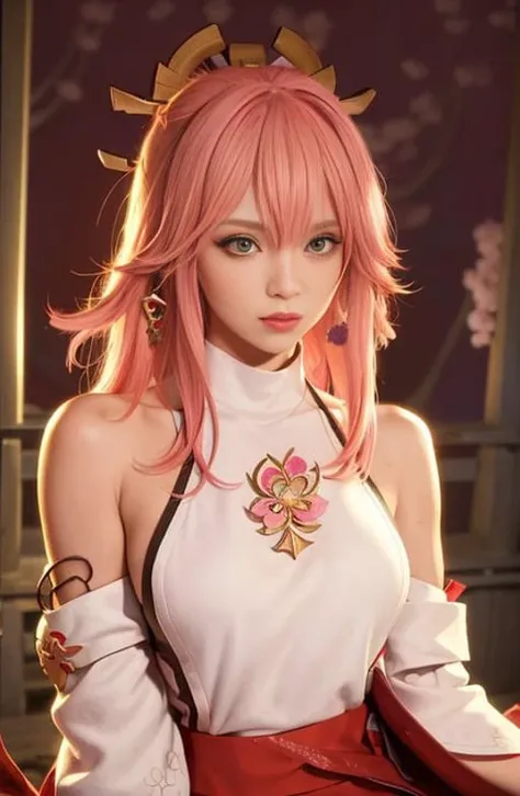 (masterpiece, best quality, 1girl, solo, intricate details, chromatic aberration), realistic, ((medium breath)), bare shoulders,pink long hair,red head ornament, red highlights, hair over one eye,green eyes, earrings,sharp eyes,perfect symmetrical body,choker, neon shirt, opened jacket, turtleneck sweater,against wall, brick wall, graffiti, dim lighting, alley ,look at viewer,(( caustic, seductive, charming)), <lora:yaeMikoRealistic_yaemikoFull:0.5> <lora:koreanDollLikeness:0.2>, (((sakura background))),(((Japanese temple background))), (((night light background)))