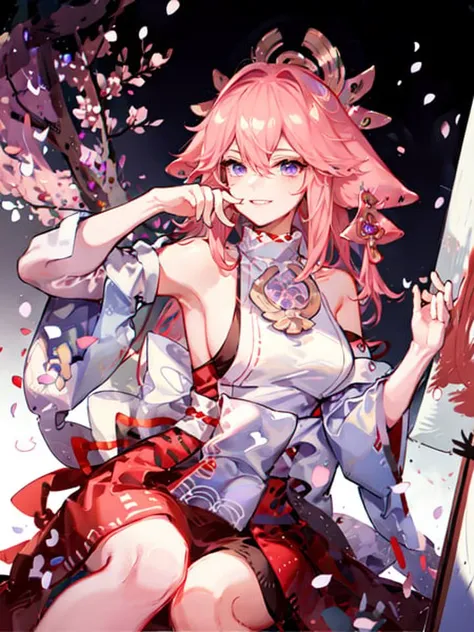 1girl, (ulzzang-6500:0.7), kpop idol, yae miko, detached sleeves, bare shoulders, pink hair, long hair, japanese clothes, best quality, (painting:1.5), (hair ornament:1.35), jewelry, purple eyes, earrings, breasts, torii, cherry blossoms, lantern light, depth of field, detailed face, face focus, ribbon_trim, (looking at viewer:1.25), nontraditional miko, shiny skin, long sleeves, smile, thick lips, game cg, hands on lips, east asian architecture, (blurry background:1.2), sitting, upper body, <lora:yaeMikoRealistic_yaemikoMixed:1>