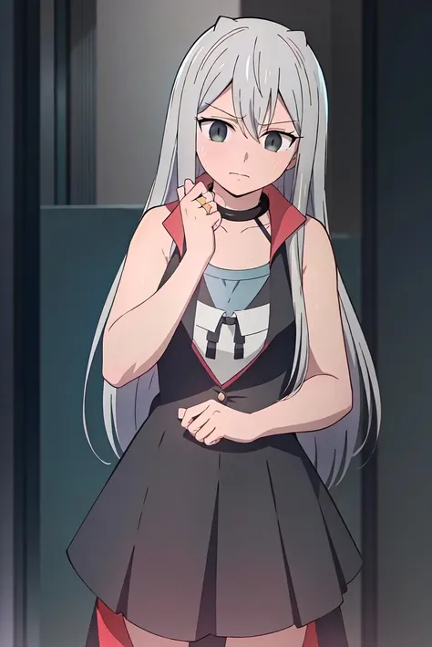 (extremely detailed CG unity 8k wallpaper), (masterpiece), (best quality), (ultra-detailed), (best illustration), (best shadow), (absurdres), ((perfect female body, perfect waist)), 1girl, solo,<lora:Liza-12:0.8> ,Liza, 1girl, solo, long hair, grey eyes, hand on own chin,pink tank top, grey hair, black skirt, grey eyes, grey hair, bangs, jewelry, closed mouth, choker, hair between eyes,