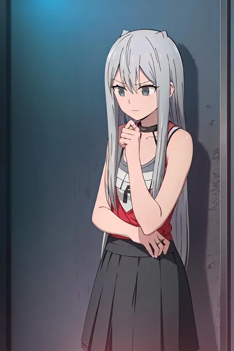 (extremely detailed CG unity 8k wallpaper), (masterpiece), (best quality), (ultra-detailed), (best illustration), (best shadow), (absurdres), ((perfect female body, perfect waist)), 1girl, solo,<lora:Liza-12:0.8> ,Liza, 1girl, solo, long hair, grey eyes, hand on own chin,pink tank top, grey hair, black skirt, grey eyes, grey hair, bangs, jewelry, closed mouth, choker, hair between eyes,