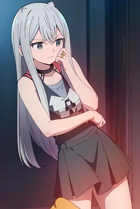 (extremely detailed CG unity 8k wallpaper), (masterpiece), (best quality), (ultra-detailed), (best illustration), (best shadow), (absurdres), ((perfect female body, perfect waist)), 1girl, solo,<lora:Liza-12:0.8> ,Liza, 1girl, solo, long hair, grey eyes, hand on own chin,pink tank top, grey hair, black skirt, grey eyes, grey hair, bangs, jewelry, closed mouth, choker, hair between eyes,